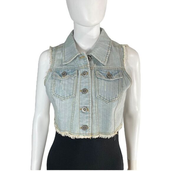 Highway HWY Jeans Women’s Medium Distressed Hem Button Down Blue Denim Vest - Picture 1 of 12